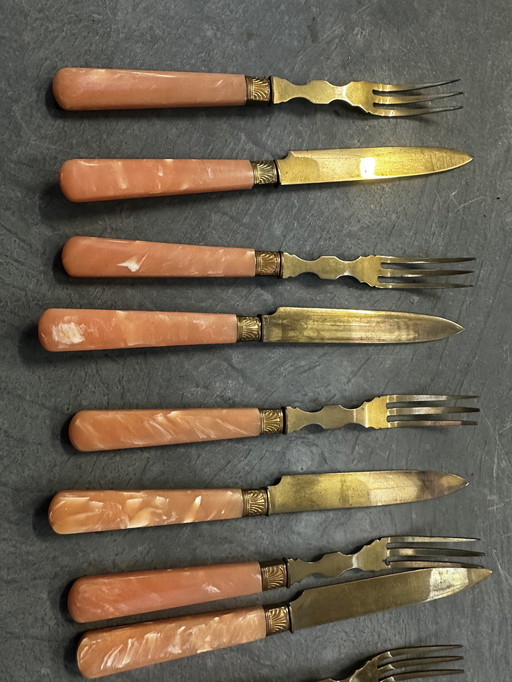 Dessert and Grapefruit Cutlery in Vermeil and Bakelite Rose Early Xx E