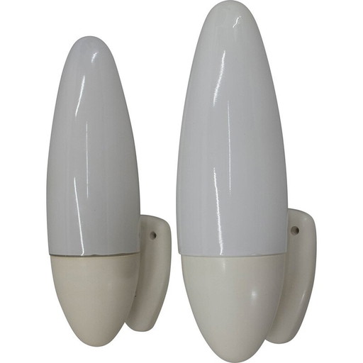 Pair of vintage Space Age wall lamp in bakelite and milk glass, Czechoslovakia 1960