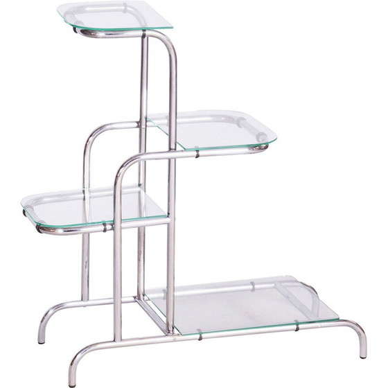 Image 1 of Scaffale vintage Bauhaus in acciaio cromato e vetro, Cecoslovacchia 1930