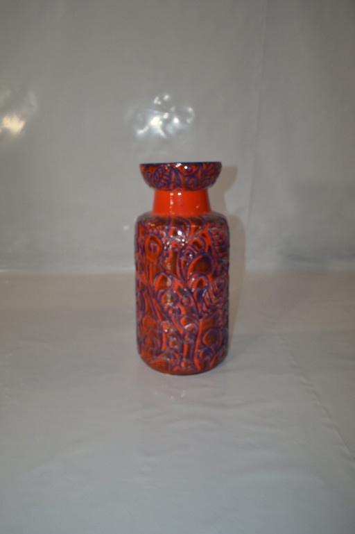 Red Blue Vase With Pattern, German Made.