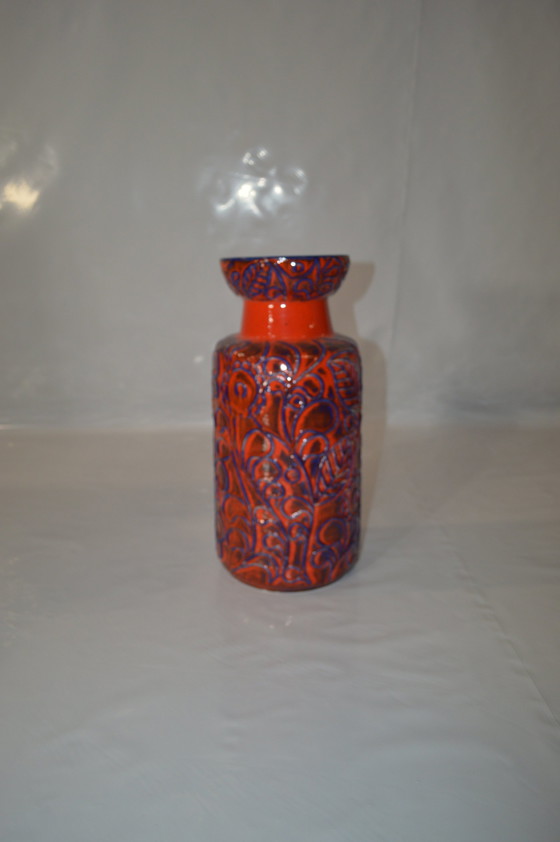 Image 1 of Red Blue Vase With Pattern, German Made.