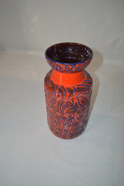 Red Blue Vase With Pattern, German Made.