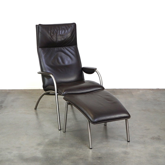 Image 1 of Dark brown leather design armchair + hocker, De Sede DS 270