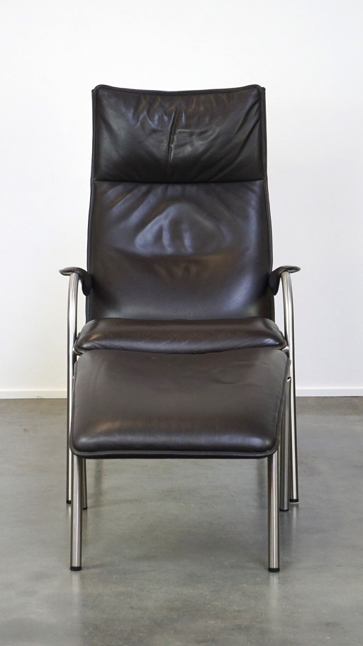 Dark brown leather design armchair + hocker, De Sede DS 270