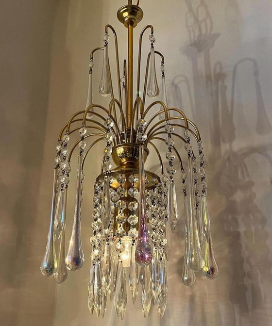 Image 1 of Vintage Genuine Murano Opaline Teardrop Chandelier Pendant Lamp