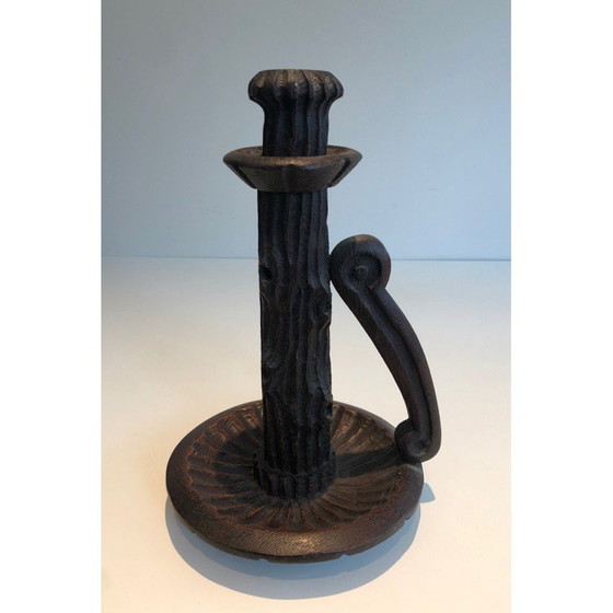 Image 1 of Pair of vintage brutalist carved wood candlesticks, France 1950s