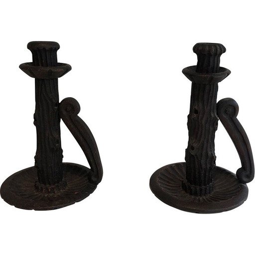 Pair of vintage brutalist carved wood candlesticks, France 1950s