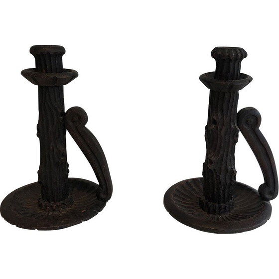 Image 1 of Pair of vintage brutalist carved wood candlesticks, France 1950s