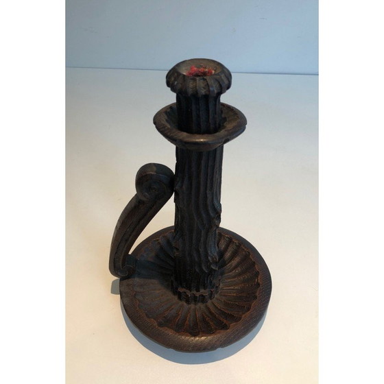 Image 1 of Pair of vintage brutalist carved wood candlesticks, France 1950s