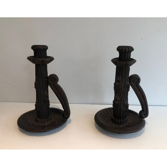 Image 1 of Pair of vintage brutalist carved wood candlesticks, France 1950s
