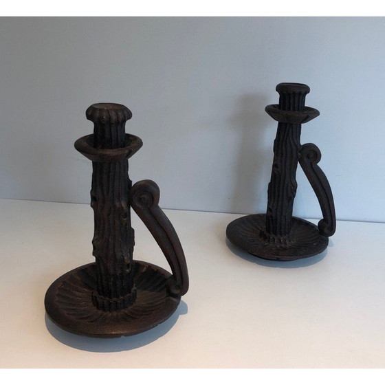 Image 1 of Pair of vintage brutalist carved wood candlesticks, France 1950s