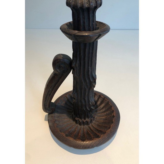 Image 1 of Pair of vintage brutalist carved wood candlesticks, France 1950s