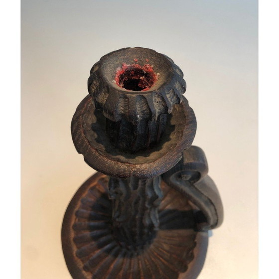 Image 1 of Pair of vintage brutalist carved wood candlesticks, France 1950s