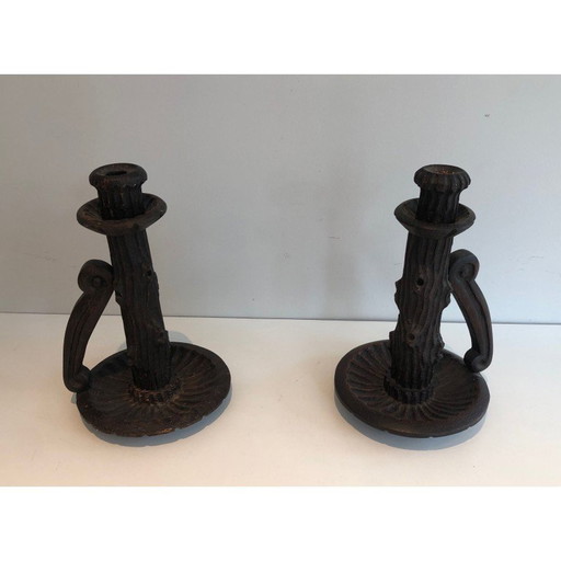 Pair of vintage brutalist carved wood candlesticks, France 1950s