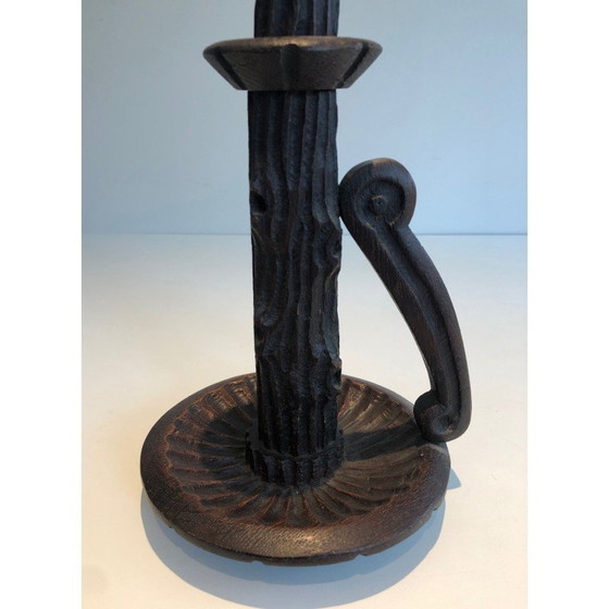 Image 1 of Pair of vintage brutalist carved wood candlesticks, France 1950s