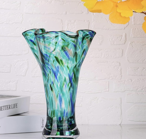 Image 1 of Teal Blue Handblown Art Deco Glass Vases