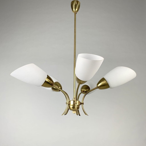 Vintage brass and white glass chandelier, Czechoslovakia 1980
