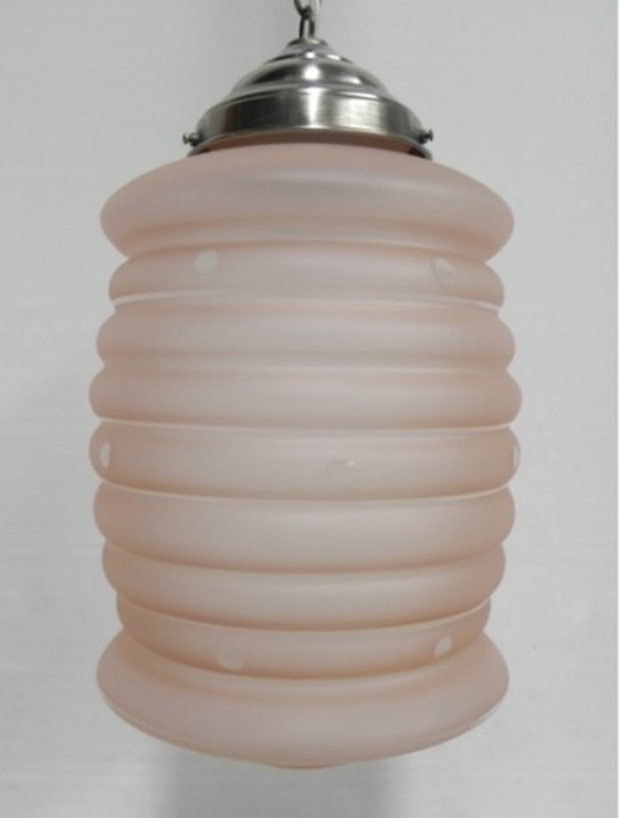 Image 1 of Art Deco hanging lamp with pink frosted glass shade﻿