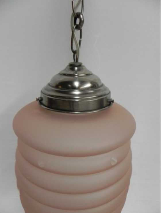 Image 1 of Art Deco hanging lamp with pink frosted glass shade﻿