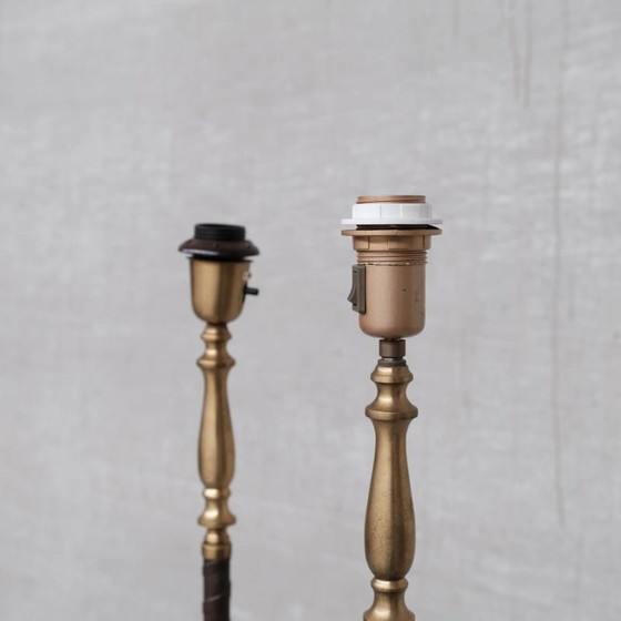 Image 1 of Pair of vintage leather and brass floor lamps by Einar Bäckström, Sweden 1950s