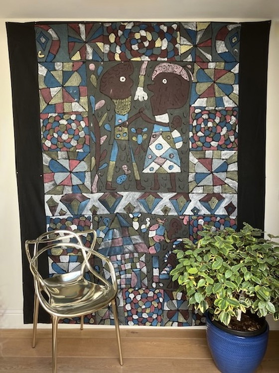 Image 1 of Very large and old Maasai painting on black canvas