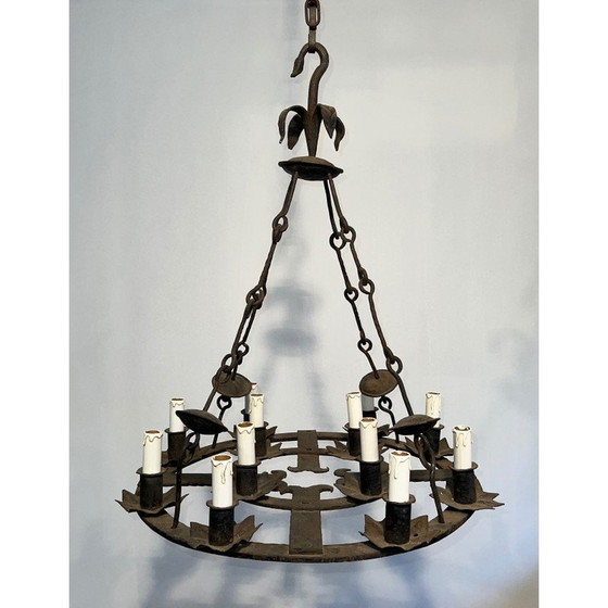 Image 1 of Vintage wrought iron chandelier with 12 lights, France 1940