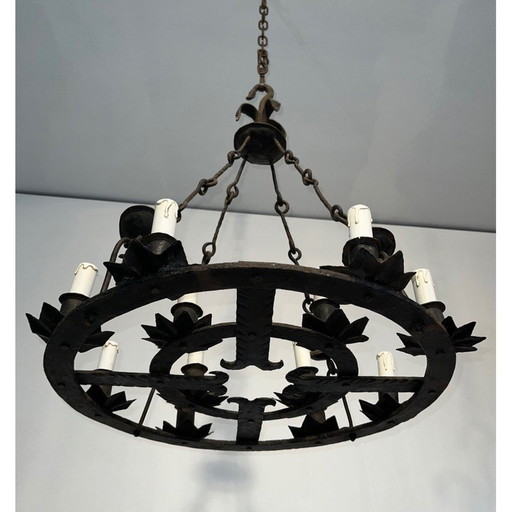 Vintage wrought iron chandelier with 12 lights, France 1940