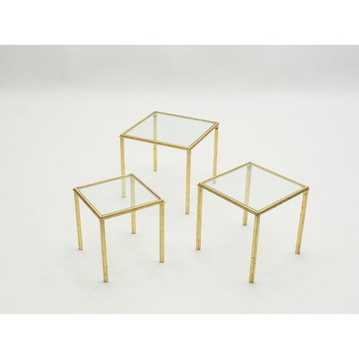 Vintage wrought iron nesting tables with gold leaf by Robert Thibier, 1960