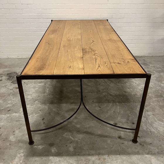 Image 1 of Large Steel Dining Table With Oak Top