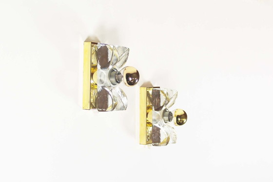 Image 1 of 2X 1970’S Petite Brass & Glass Wall Lights By Sische