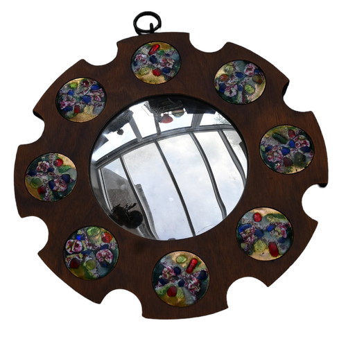 Vintage Sunburst convex mirror - miroir avec plaques émaillées - sunburst mirror