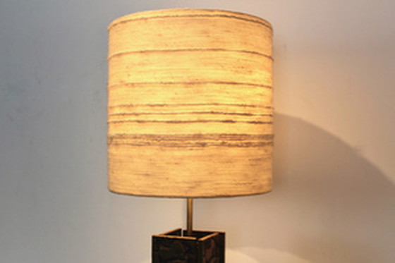 Image 1 of Brutalist metal sculptured table lamp with raw woolen structured shade