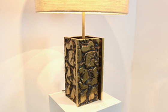 Image 1 of Brutalist metal sculptured table lamp with raw woolen structured shade