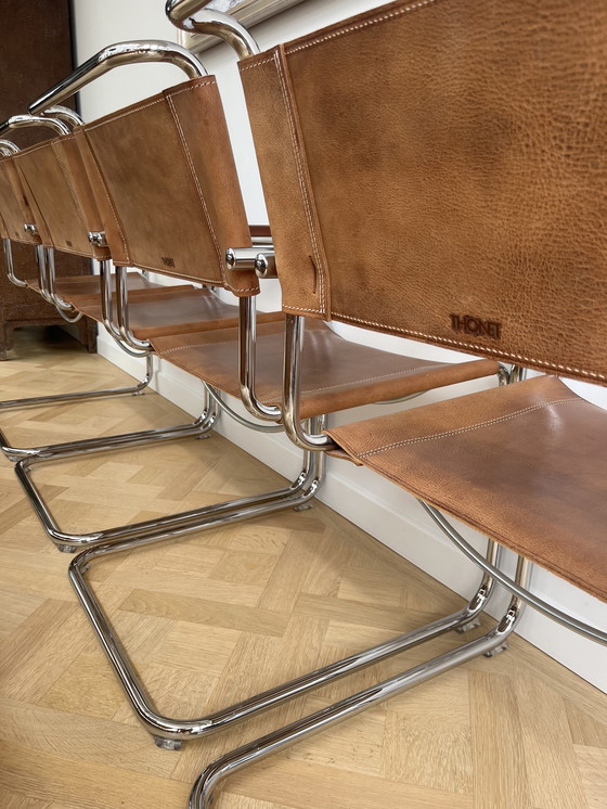 Image 1 of 4x Thonet S34 Armchair by Mart Stam Chrome / Buffalo Leather / Oiled Walnut