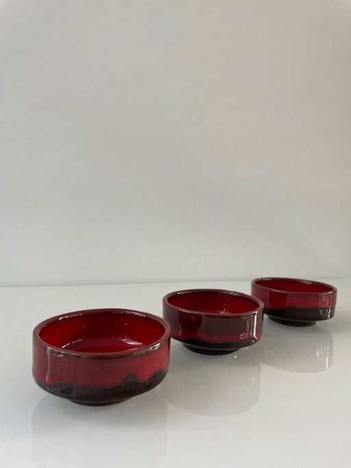 3X Vintage Bowls Fire Red/Brown Glazed Ceramic