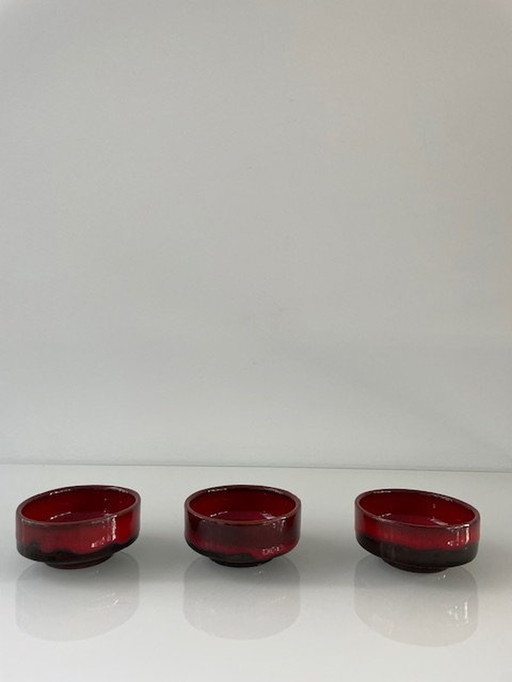 3X Vintage Bowls Fire Red/Brown Glazed Ceramic