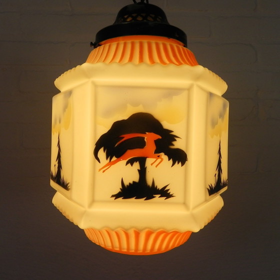 Image 1 of Art Deco Pendant Lamp With Glass Shade With Nature Scenes, 1930s