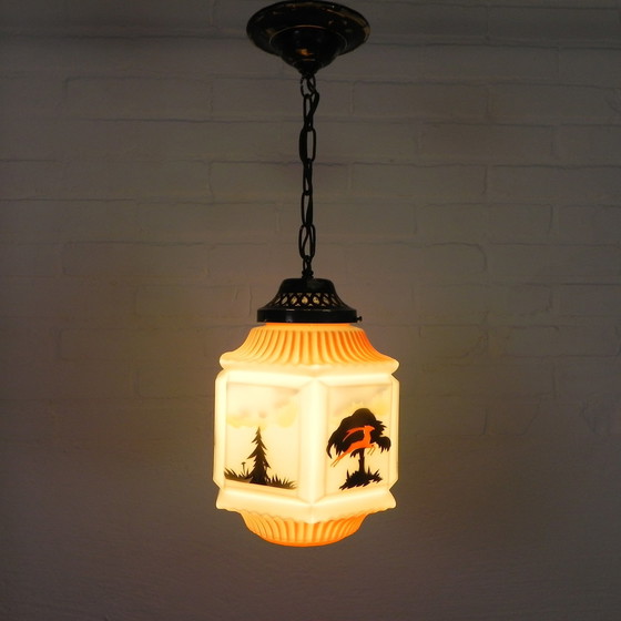 Image 1 of Art Deco Pendant Lamp With Glass Shade With Nature Scenes, 1930s