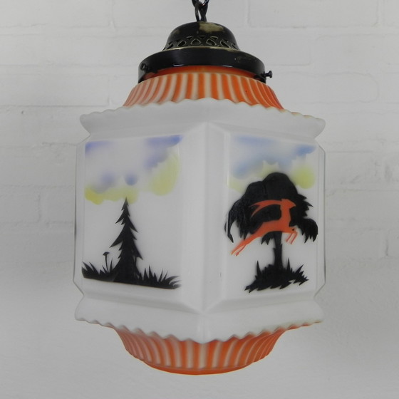 Image 1 of Art Deco Pendant Lamp With Glass Shade With Nature Scenes, 1930s