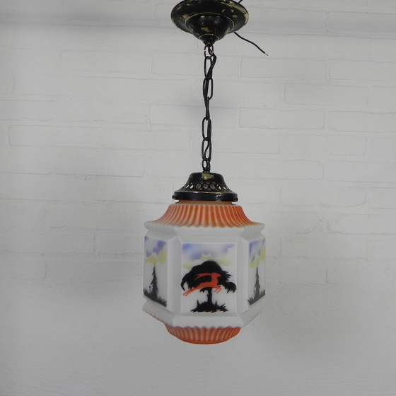 Image 1 of Art Deco Pendant Lamp With Glass Shade With Nature Scenes, 1930s