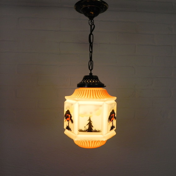 Image 1 of Art Deco Pendant Lamp With Glass Shade With Nature Scenes, 1930s