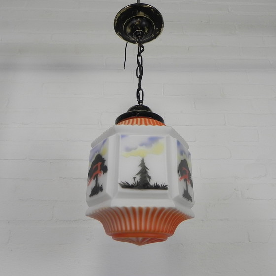 Image 1 of Art Deco Pendant Lamp With Glass Shade With Nature Scenes, 1930s