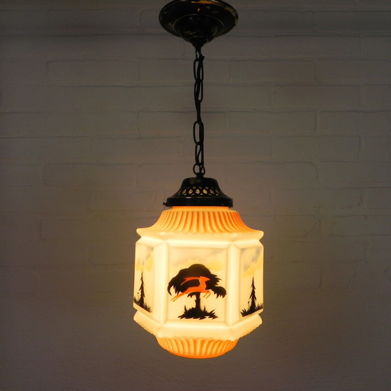 Image 1 of Art Deco Pendant Lamp With Glass Shade With Nature Scenes, 1930s