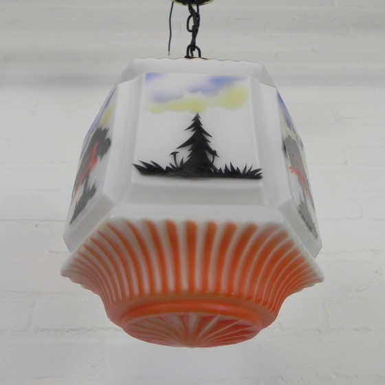 Image 1 of Art Deco Pendant Lamp With Glass Shade With Nature Scenes, 1930s