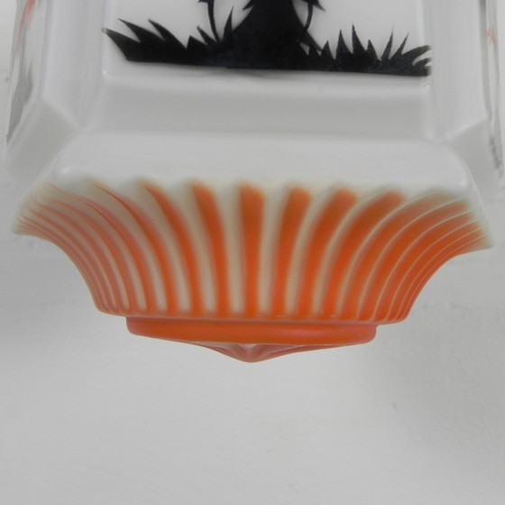 Image 1 of Art Deco Pendant Lamp With Glass Shade With Nature Scenes, 1930s