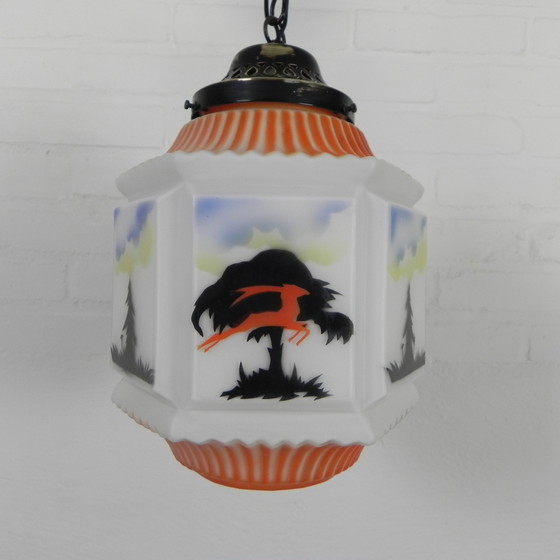 Image 1 of Art Deco Pendant Lamp With Glass Shade With Nature Scenes, 1930s