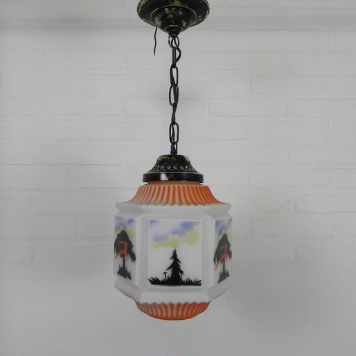 Art Deco Pendant Lamp With Glass Shade With Nature Scenes, 1930s