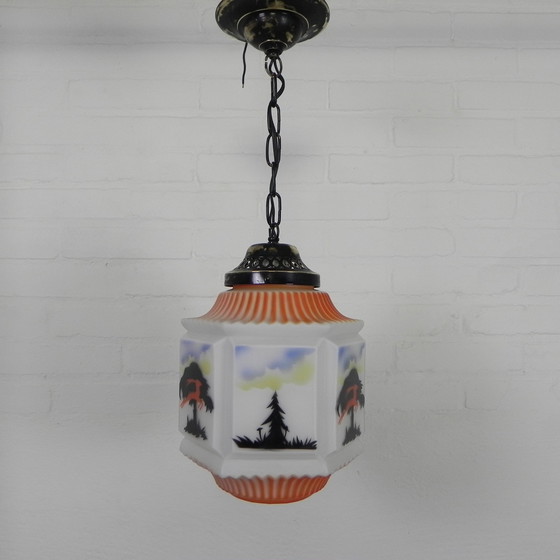 Image 1 of Art Deco Pendant Lamp With Glass Shade With Nature Scenes, 1930s