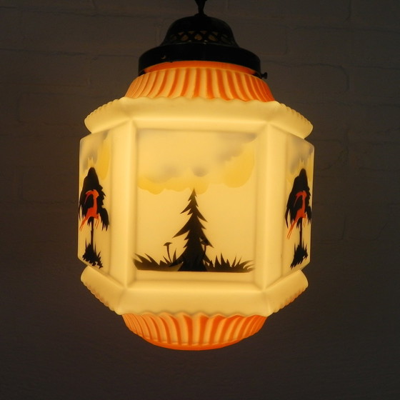 Image 1 of Art Deco Pendant Lamp With Glass Shade With Nature Scenes, 1930s