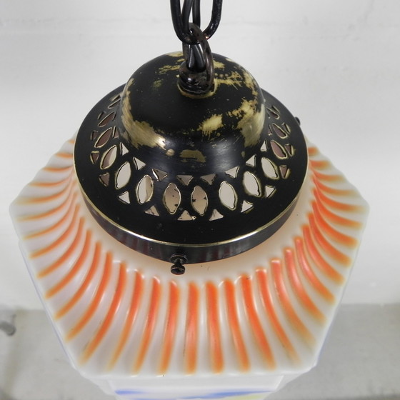 Image 1 of Art Deco Pendant Lamp With Glass Shade With Nature Scenes, 1930s